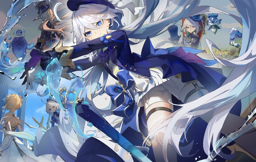 lumine, furina, surintendante chevalmarin, gentilhomme usher, and mademoiselle crabaletta (genshin impact) drawn by qixia