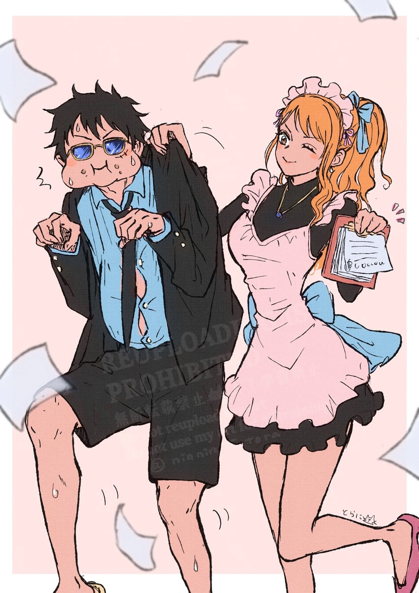 nami and monkey d. luffy (one piece) drawn by ninnin5tora