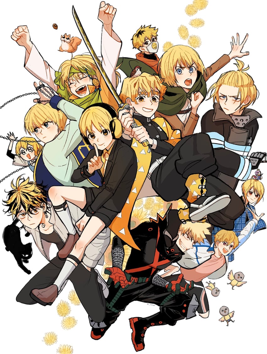 bakugou katsuki, armin arlert, kurapika, agatsuma zenitsu, hazuki nagisa, and 9 more (boku no hero academia and 11 more) drawn by miman_(_miman)
