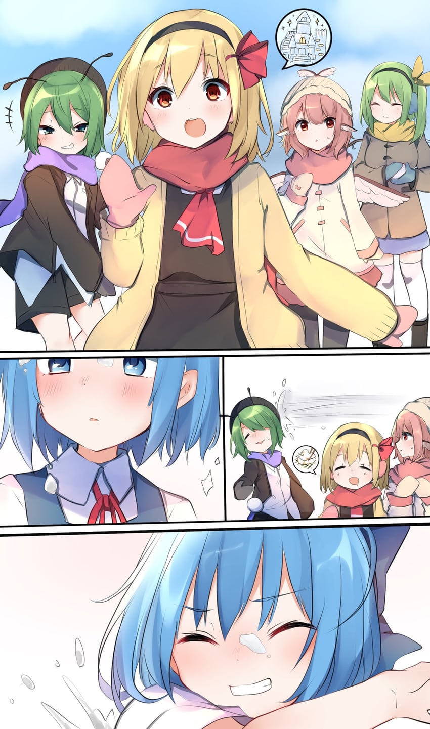 cirno, rumia, mystia lorelei, daiyousei, and wriggle nightbug (touhou) drawn by karasusou_nano