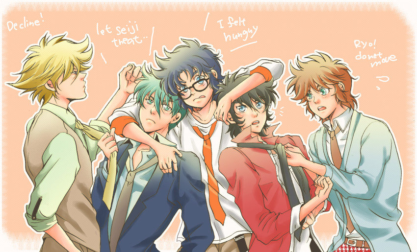 sanada ryou, mouri shin, hashiba touma, date seiji, and shue rei fuan (yoroiden samurai troopers) drawn by hiro_(minorstar)