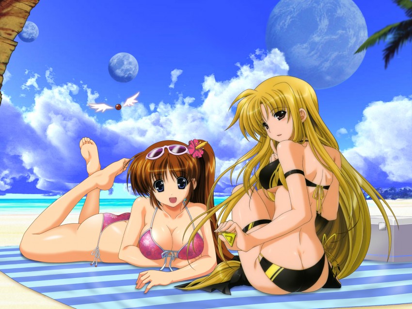 fate testarossa, takamachi nanoha, raising heart, and bardiche (lyrical nanoha and 1 more) drawn by higa_yukari