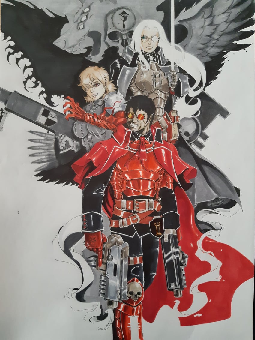 alucard, seras victoria, and integra hellsing (warhammer 40k and 1 more) drawn by auri_(aurimas_jucy)