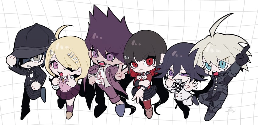 oma kokichi, saihara shuichi, akamatsu kaede, harukawa maki, momota kaito, and 1 more (danganronpa and 1 more) drawn by gaba33