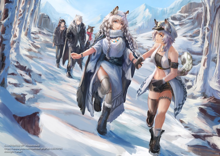 pramanix, silverash, cliffheart, matterhorn, and courier (arknights) drawn by frozenduck