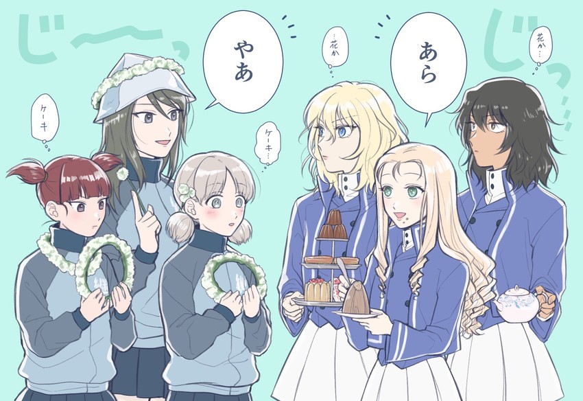 mika, andou, oshida, marie, aki, and 1 more (girls und panzer) drawn by kaba_yama