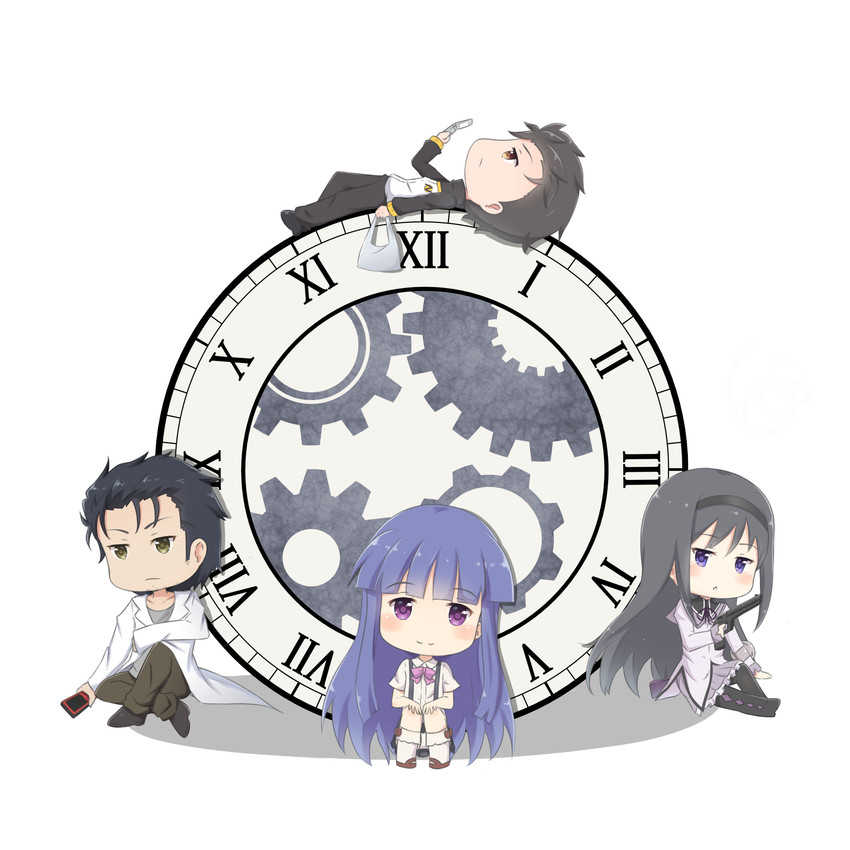 akemi homura, furude rika, natsuki subaru, and okabe rintarou (mahou shoujo madoka magica and 3 more) drawn by rutorifuki