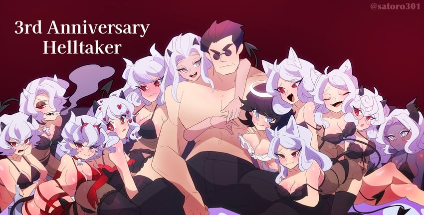 lucifer, modeus, justice, helltaker, cerberus, and 6 more (helltaker) drawn by satoro301