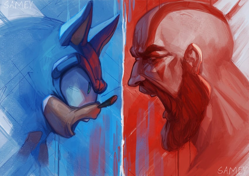 sonic the hedgehog and kratos (sonic and 1 more) drawn by kindasamey