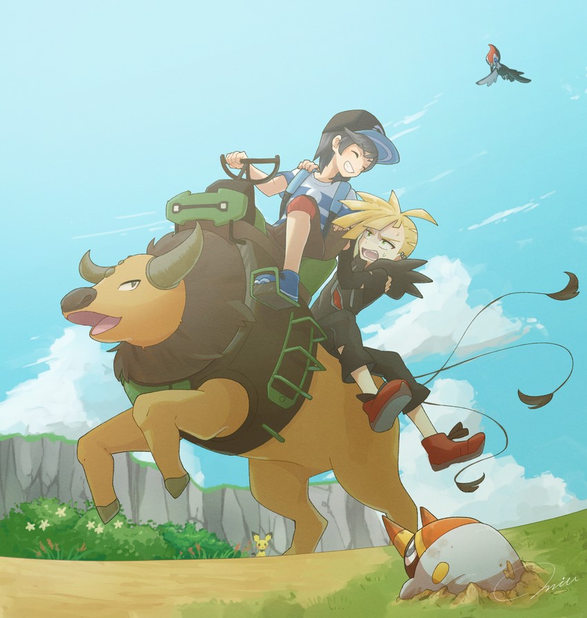 elio, gladion, pichu, tauros, pikipek, and 1 more (pokemon and 1 more) drawn by miu_(miuuu_721)