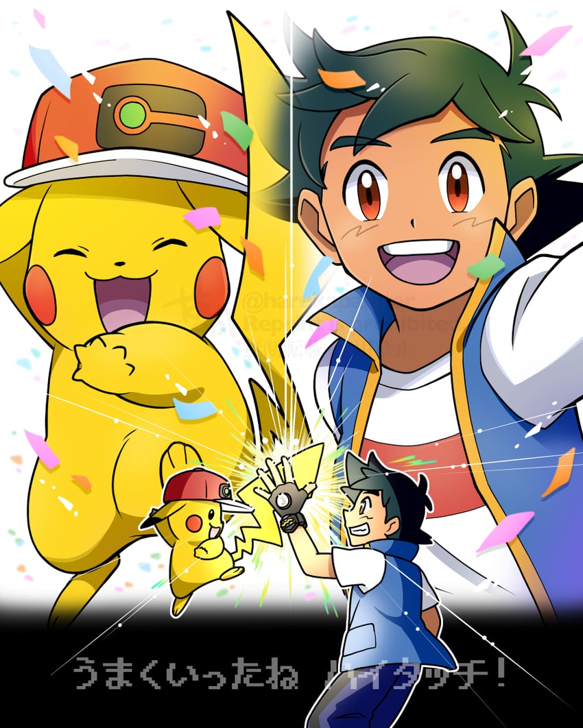 pikachu and ash ketchum (pokemon and 1 more) drawn by haruka_painter
