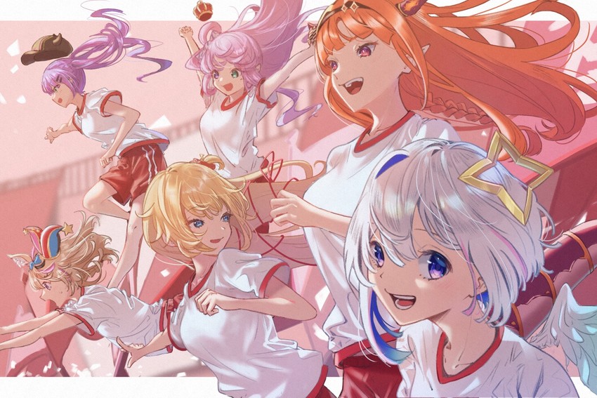 tokoyami towa, amane kanata, kiryu coco, omaru polka, akai haato, and 2 more (hololive) drawn by ooyama_ryou