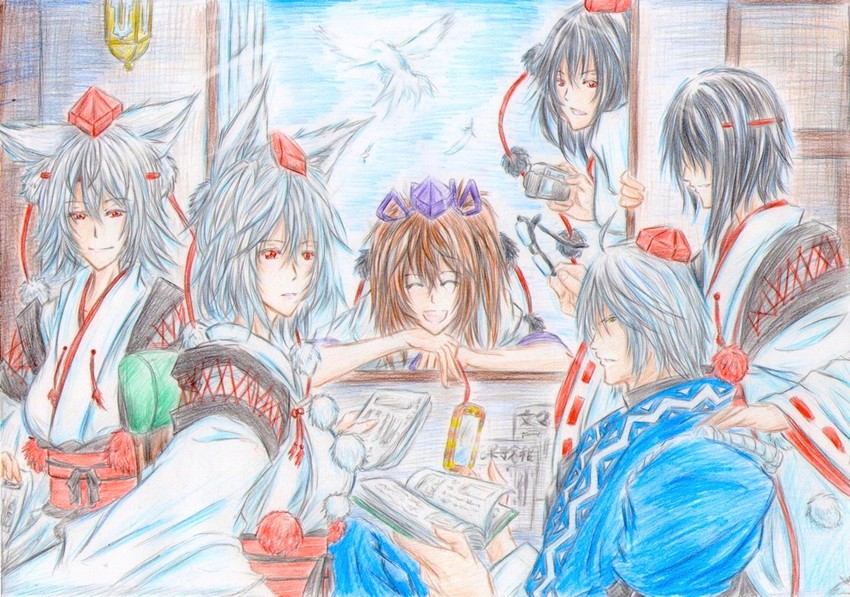 shameimaru aya, inubashiri momiji, morichika rinnosuke, and himekaidou hatate (touhou) drawn by you_(esparda)
