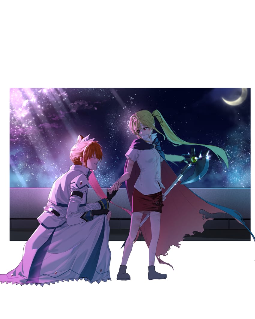 fate testarossa, takamachi nanoha, and bardiche (lyrical nanoha and 2 more) drawn by kaichan2536