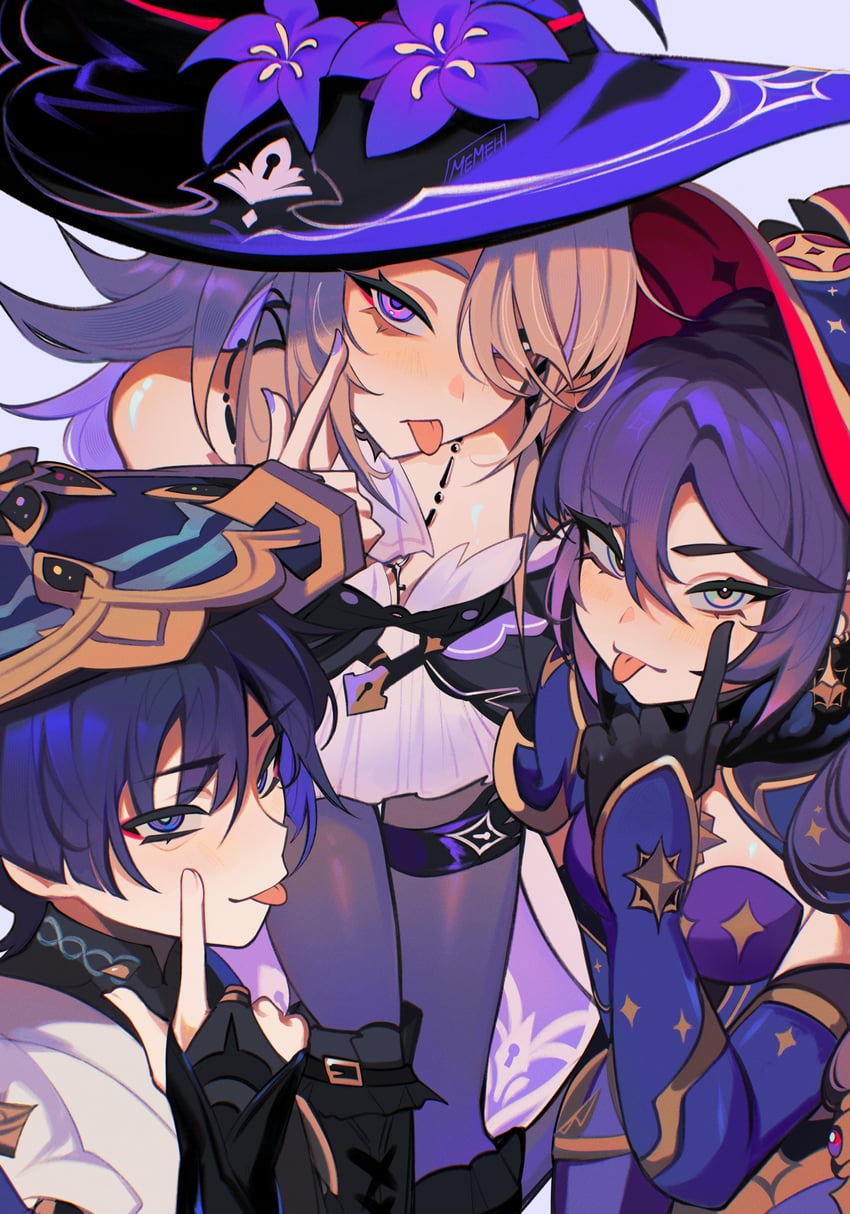 scaramouche, mona, herta, and the herta (genshin impact) drawn by memeh