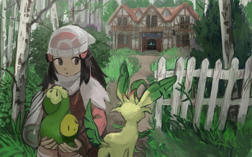 dawn, leafeon, and budew (pokemon and 2 more) drawn by minahamu