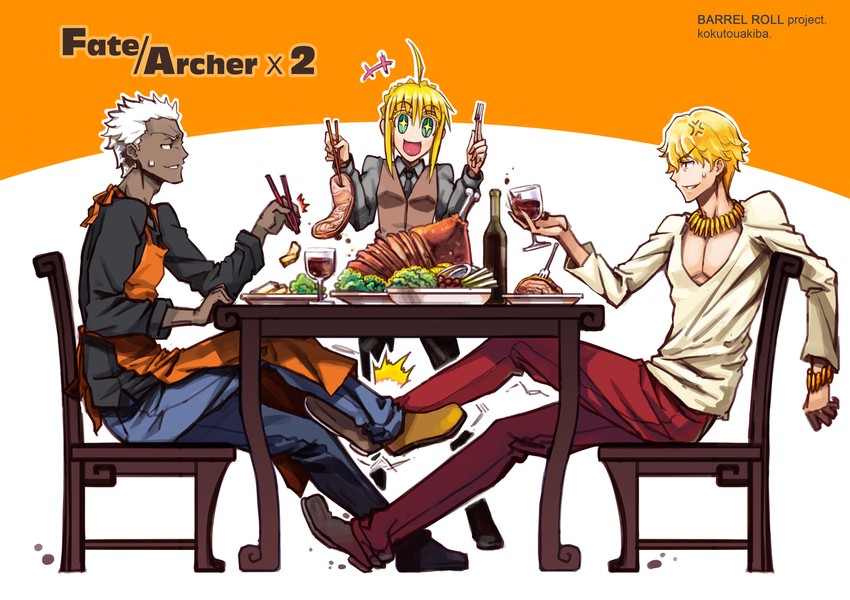 artoria pendragon, saber, archer, and gilgamesh (fate and 2 more) drawn by kokutou_akiba