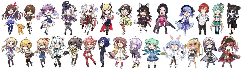 houshou marine, shirakami fubuki, hoshimachi suisei, usada pekora, nekomata okayu, and 24 more (hololive and 1 more) drawn by tokumaro