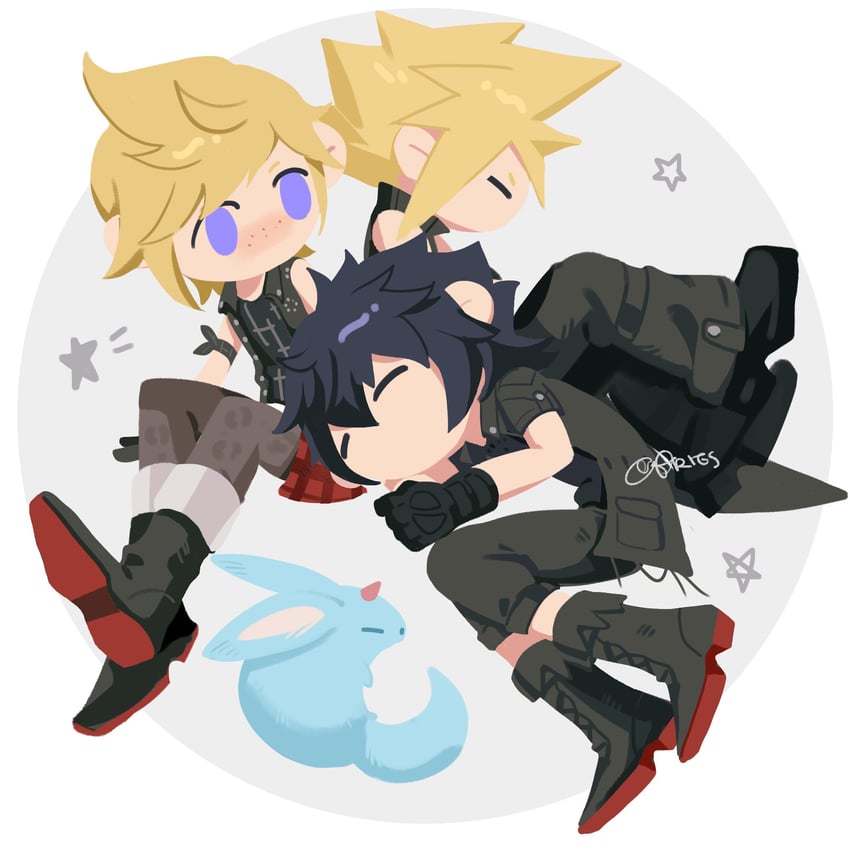 cloud strife, noctis lucis caelum, prompto argentum, and carbuncle (final fantasy and 3 more) drawn by aries20770321