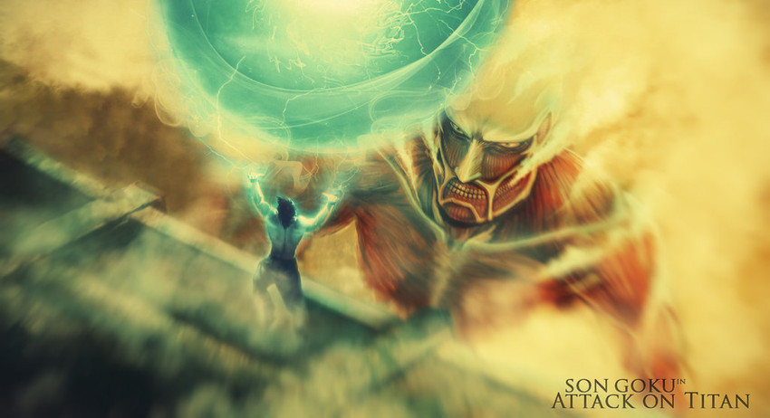son goku, titan, and colossal titan (dragon ball and 2 more) drawn by bosslogic and mymel