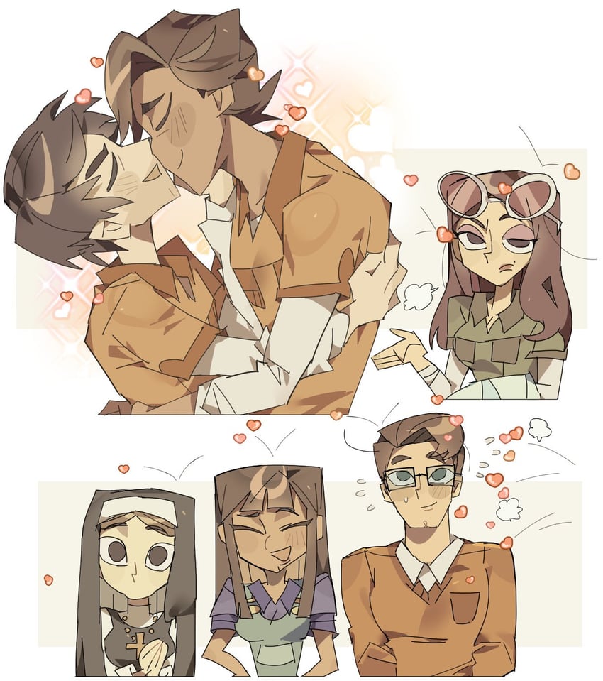 isabel carboni, trevor, derek, hannah roxas, emily, and 1 more (disventure camp) drawn by dokusuji_(kw9onou58)