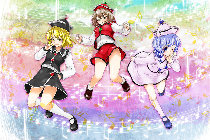 lunasa prismriver, merlin prismriver, and lyrica prismriver (touhou) drawn by monrooru