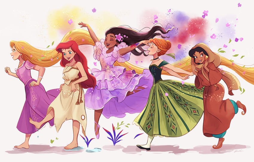 anna, ariel, rapunzel, jasmine, and isabela madrigal (frozen and 5 more) drawn by melchencanto