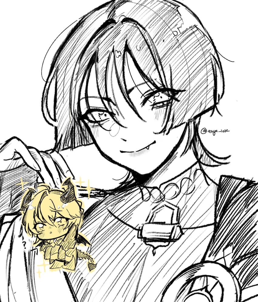 scaramouche, wanderer, and mini durin (genshin impact) drawn by anya_lolz