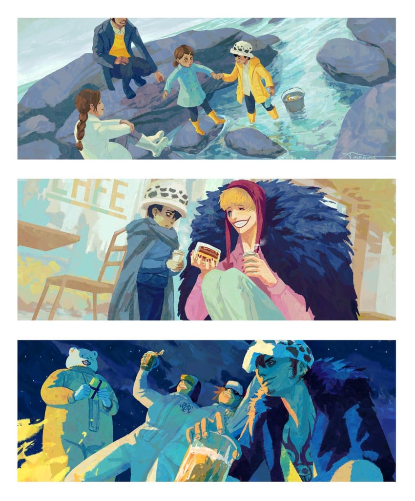 trafalgar law, donquixote rocinante, bepo, penguin, shachi, and 3 more (one piece) drawn by voidfvng