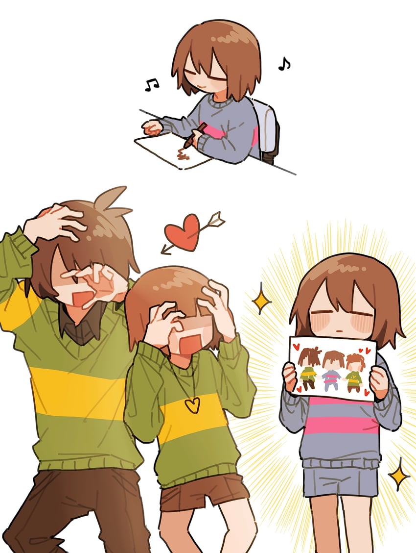 frisk, chara, and kris (undertale and 1 more) drawn by tadeno