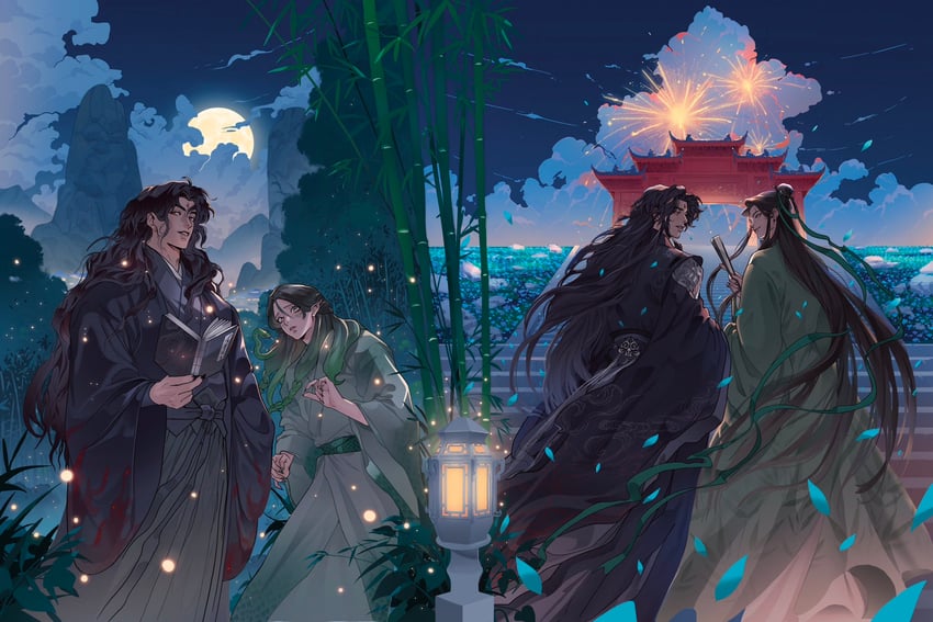 shen qingqiu, luo binghe, zhuzhi lang, and tianlang jun (renzha fanpai zijiu xitong) drawn by djuney9