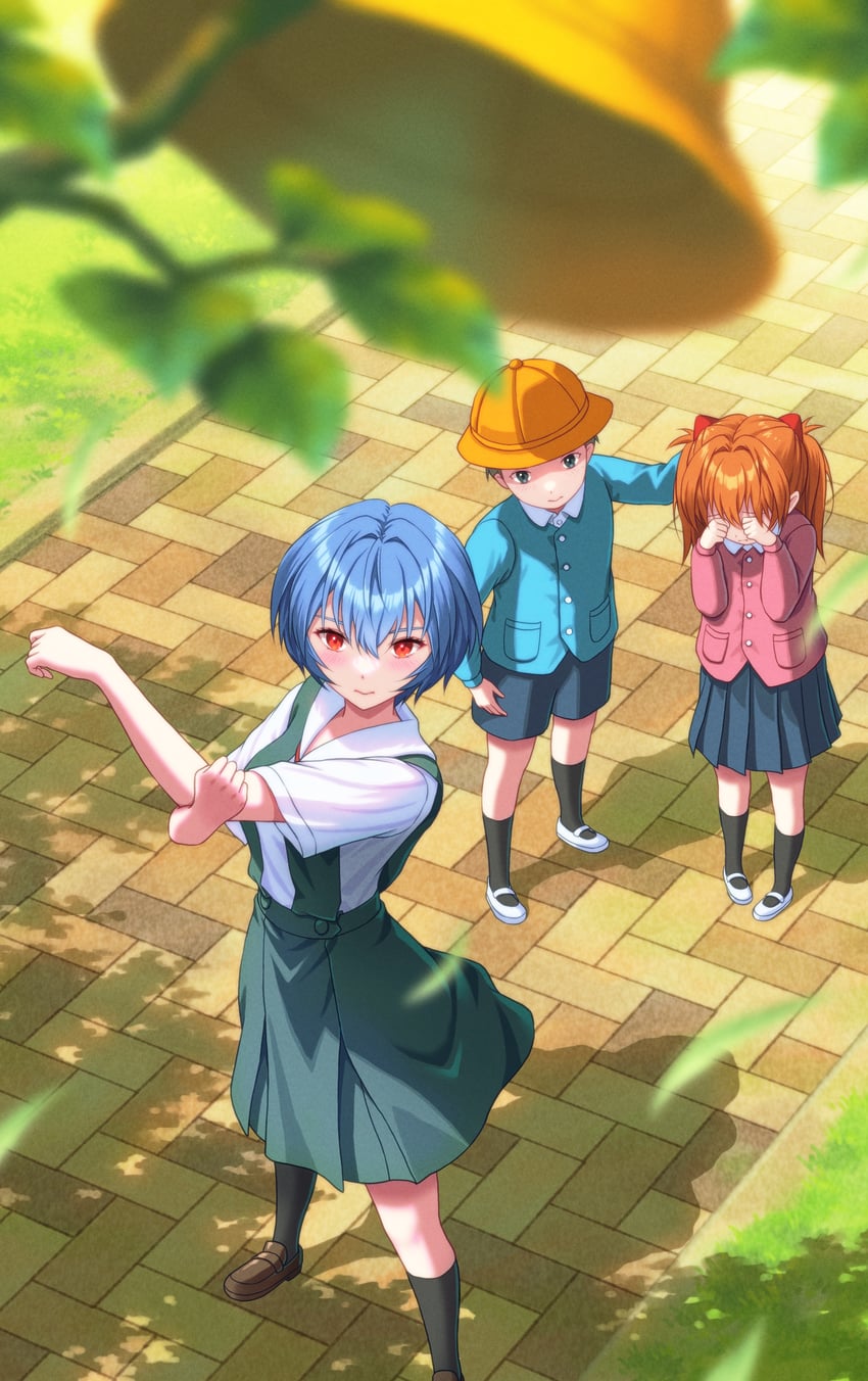 souryuu asuka langley, ayanami rei, and ikari shinji (neon genesis evangelion) drawn by yahha
