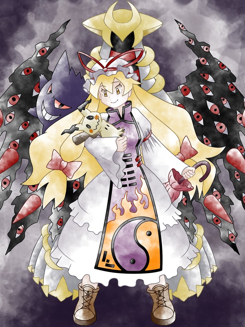 yakumo yukari, gengar, mimikyu, and giratina (touhou and 1 more) drawn by greatmothsucks