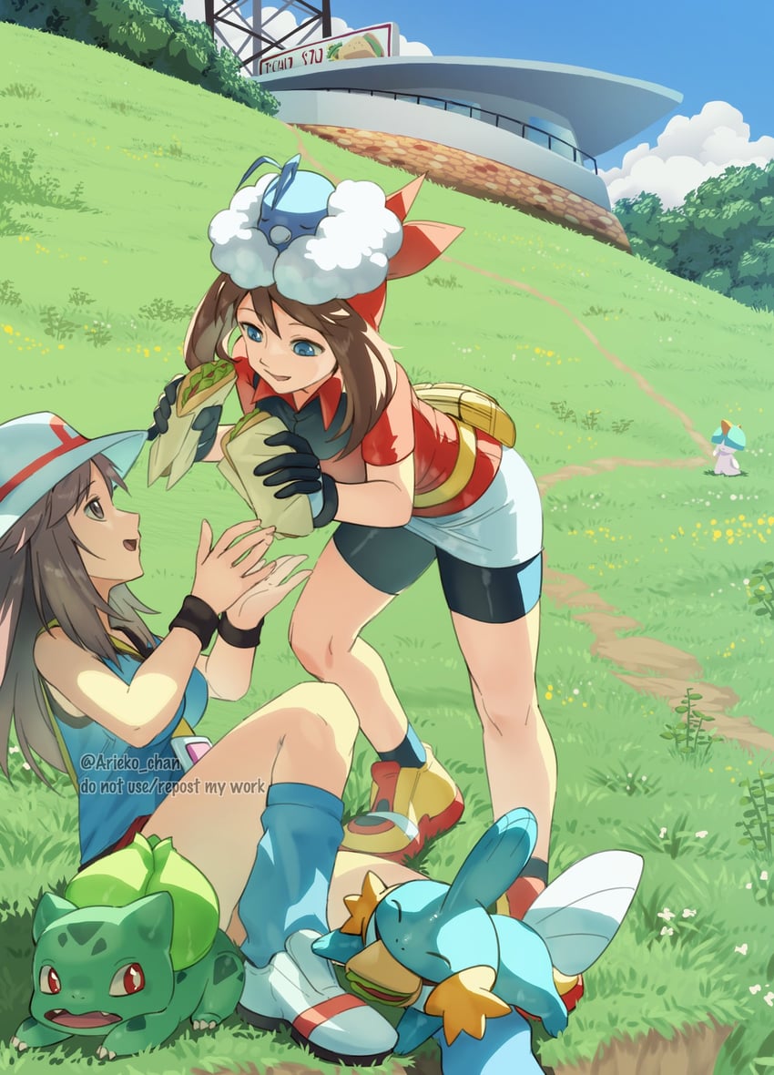 may, leaf, bulbasaur, mudkip, ralts, and 1 more (pokemon and 2 more) drawn by ariekochan