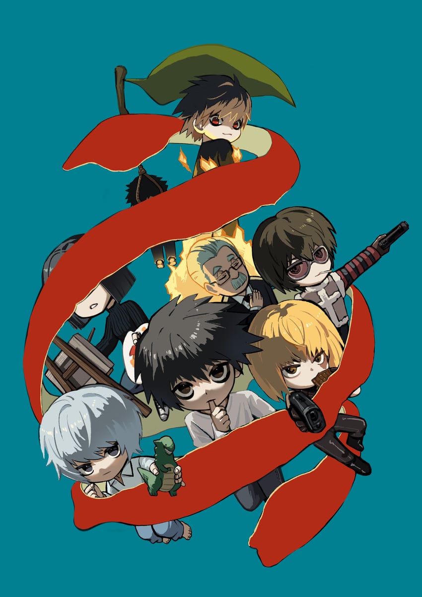 l, mello, near, watari, beyond birthday, and 2 more (death note and 1 more) drawn by kiunchiku