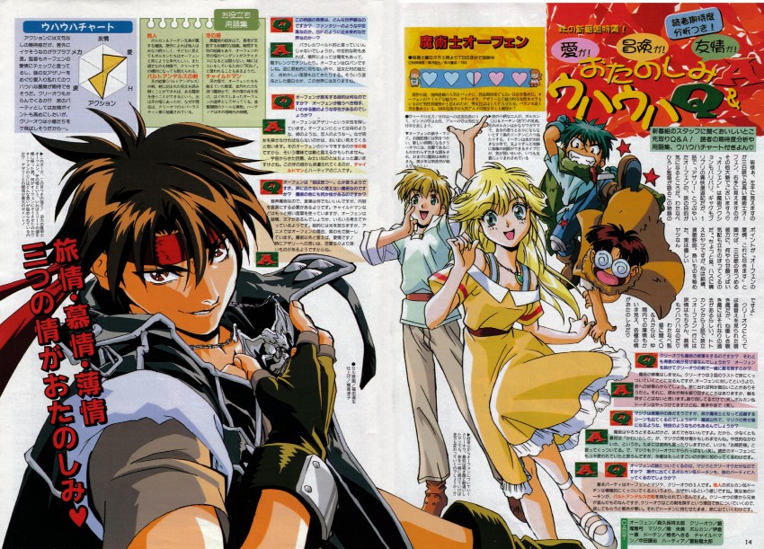 orphen, cleo everlastin, majic lin, volkan, and dortin (majutsushi orphen) drawn by fukuda_michio