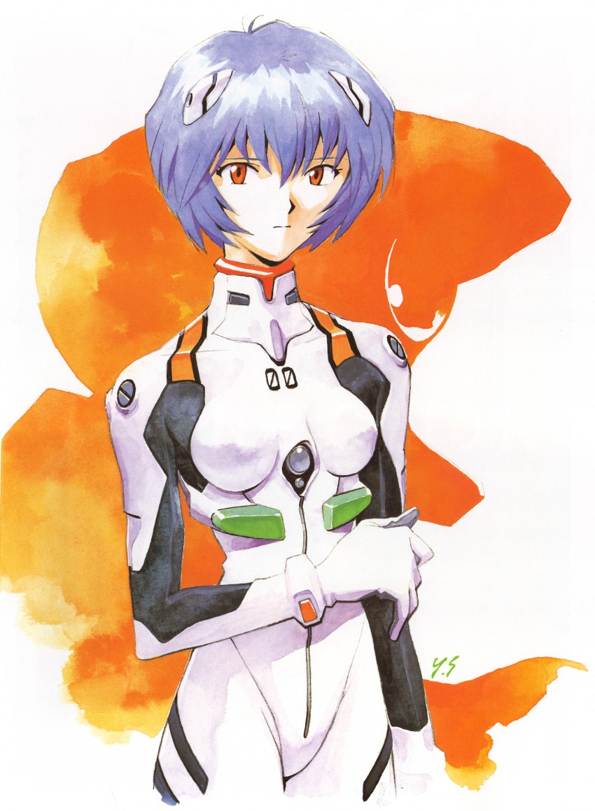 ayanami rei and eva 00 (neon genesis evangelion) drawn by sadamoto_yoshiyuki