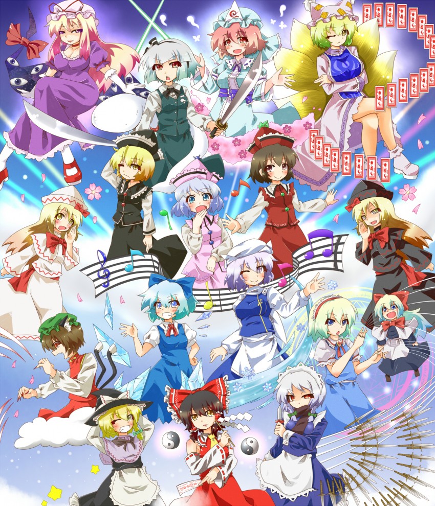 hakurei reimu, kirisame marisa, izayoi sakuya, konpaku youmu, alice margatroid, and 12 more (touhou and 1 more) drawn by kage2