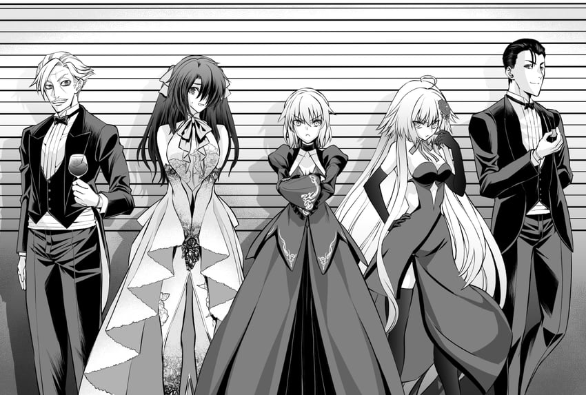 artoria pendragon, fujimaru ritsuka, jeanne d'arc alter, saber alter, james moriarty, and 1 more (fate and 1 more) drawn by sasaki_shounen