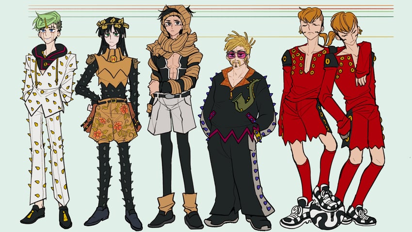 higashikata jobin, yagiyama yotsuyu, dainenjiyama aisho, damo tamaki, and a. phex brothers (jojo no kimyou na bouken and 1 more) drawn by swampland