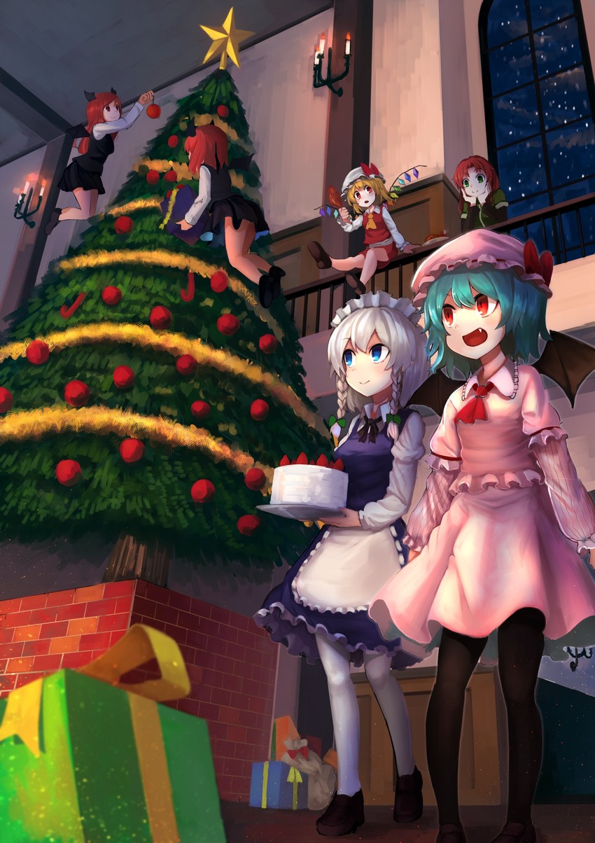 remilia scarlet, flandre scarlet, izayoi sakuya, hong meiling, and koakuma (touhou) drawn by isemori