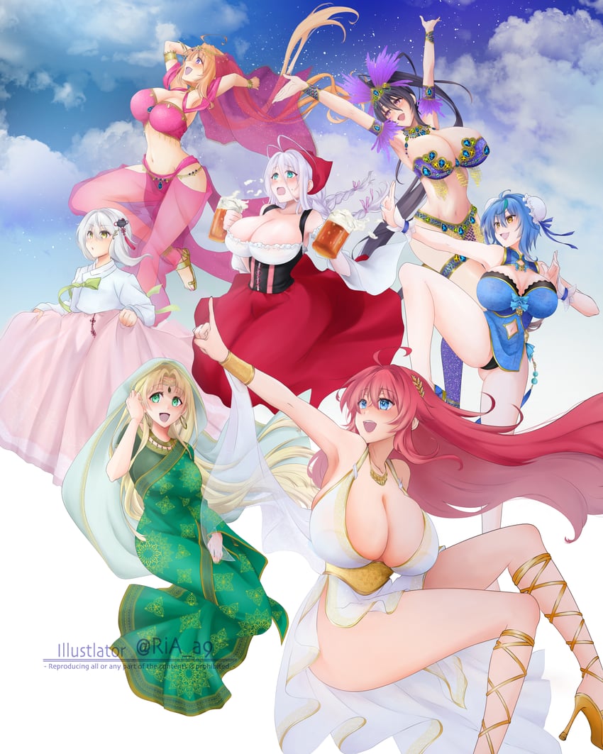 rias gremory, himejima akeno, xenovia quarta, rossweisse, toujou koneko, and 2 more (high school dxd) drawn by ria_a9