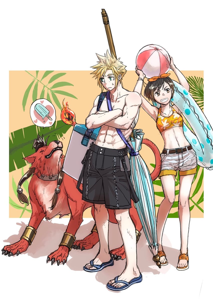 cloud strife, yuffie kisaragi, and red xiii (final fantasy and 3 more) drawn by youne_(youneko)