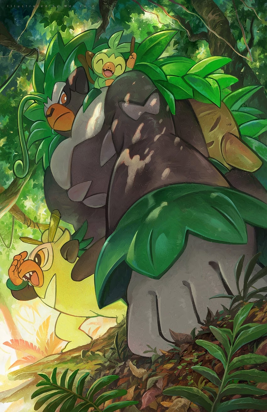 grookey, rillaboom, and thwackey (pokemon) drawn by mei_ford