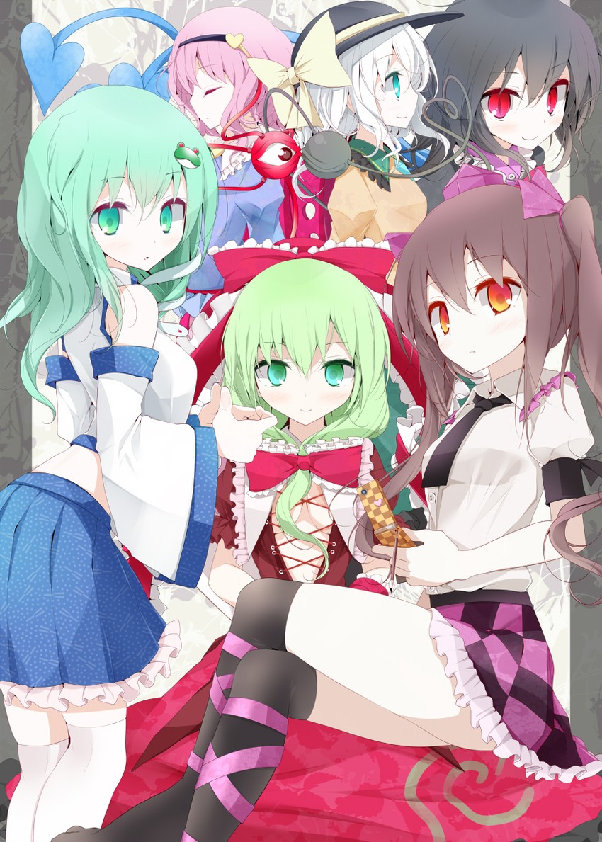 kochiya sanae, komeiji koishi, komeiji satori, houjuu nue, kagiyama hina, and 1 more (touhou) drawn by oouso