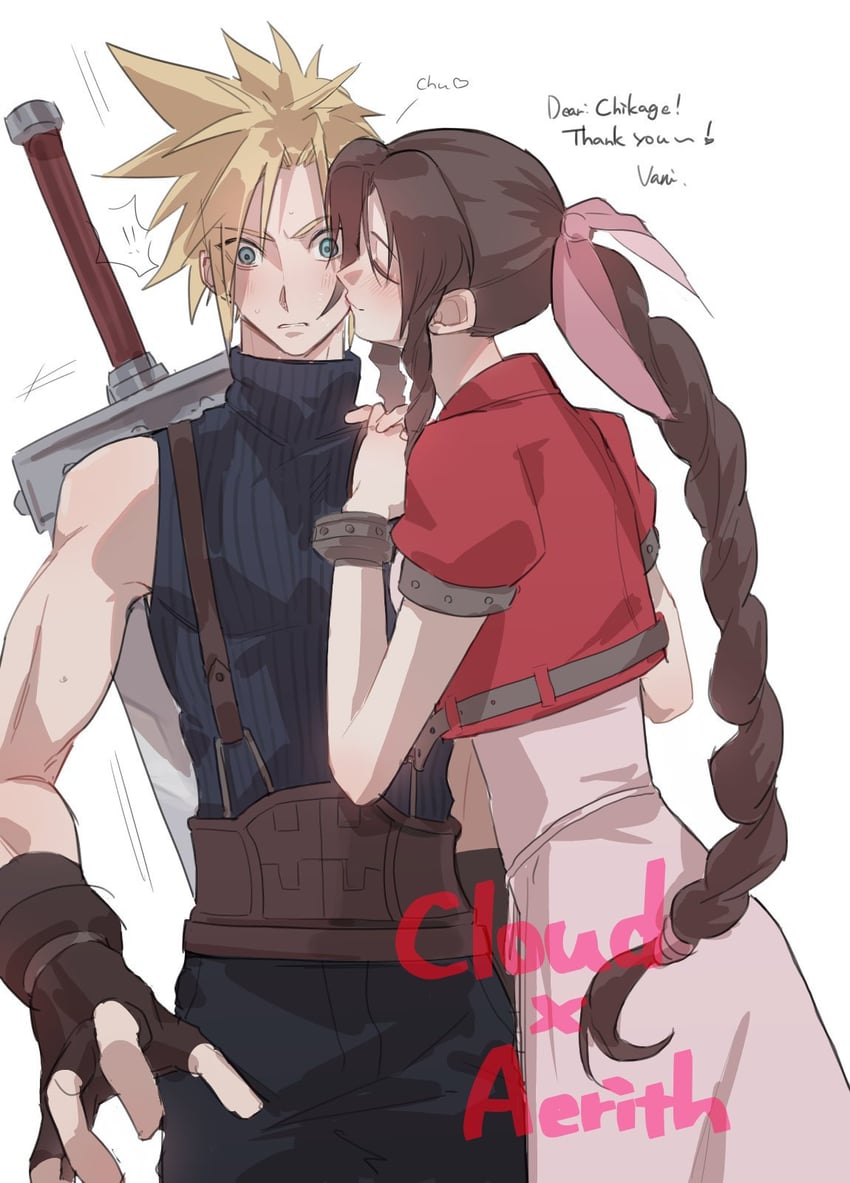 cloud strife and aerith gainsborough (final fantasy and 1 more) drawn by vani_(hisha_04)