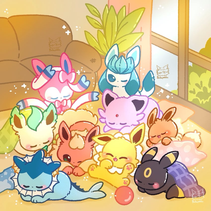 eevee, sylveon, umbreon, glaceon, vaporeon, and 4 more (pokemon) drawn by butapokko
