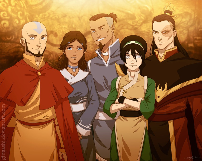toph beifong, katara, aang, zuko, and sokka (avatar legends and 2 more) drawn by gingashi