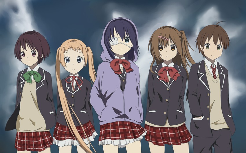 takanashi rikka, nibutani shinka, dekomori sanae, tsuyuri kumin, and togashi yuuta (k-on! and 2 more) drawn by chrisebi