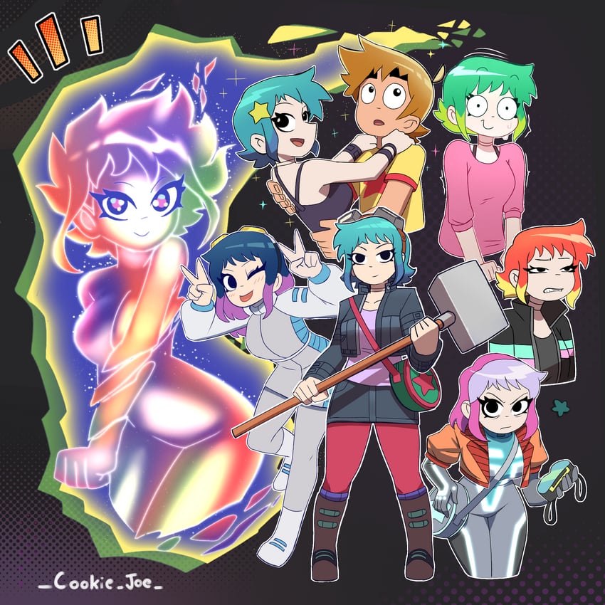 scott pilgrim, ramona flowers, future ramona flowers, and super ramona (scott pilgrim and 1 more) drawn by cookie_joe
